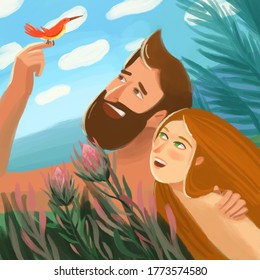 Bible Illustration about Adam and Eve in Eden garden. First happiness couple.