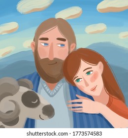 Bible Illustration About  Jacob And Rachel. Ð¡ouple And Sheep