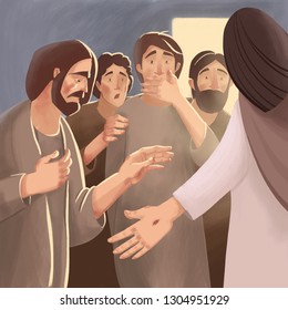 Bible Illustration about resurrection of Jesus Christ and appearance to disciples and apostles. Amazement disciples when they see resurrected Jesus