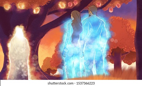 Biblical Illustration  Adam And Eve With God