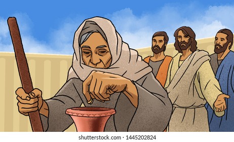 Biblical Illustration : A Poor Widow Who Donated Two Lepsons.