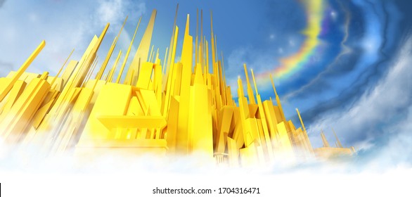 Biblical imagery 3d rendering New Jerusalem Holy City of Gold concept. Religious art illustration. New Testament Revelation prophecy.
