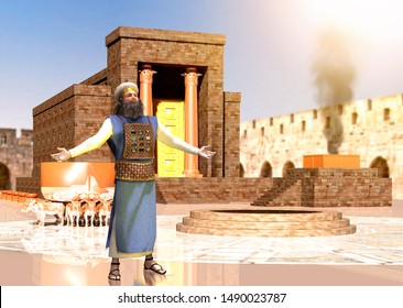 Biblical Jewish priest standing in front of King Solomon's holy temple in Jerusalem, Old Testament, the Temple of Solomon was the first holy temple of the ancient Israelites, 3d render