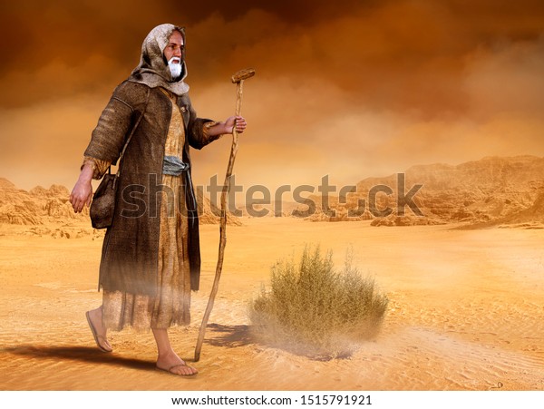 聖書のモーゼスがシナイ砂漠を歩き 荒野を歩き 約束の地を求め 3dレンダリングの絵を描く のイラスト素材