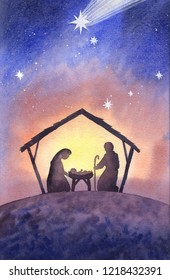 Biblical scene - birth of Jesus in Bethlehem.
 Bethlehem star. Watercolor illustration.
