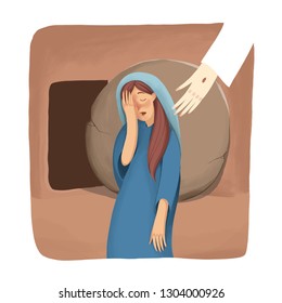 Biblical Story About Resurrection, Mary Stand Near The Empty Tomb And Cry, But Doesn't See Jesus. Color Illustration