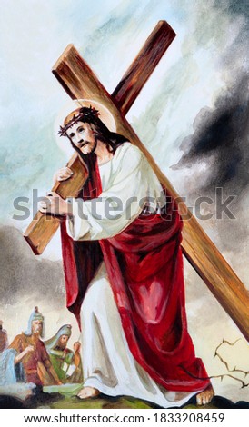 Biblical story Jesus Christ carries the cross to Calvary. Oil painting