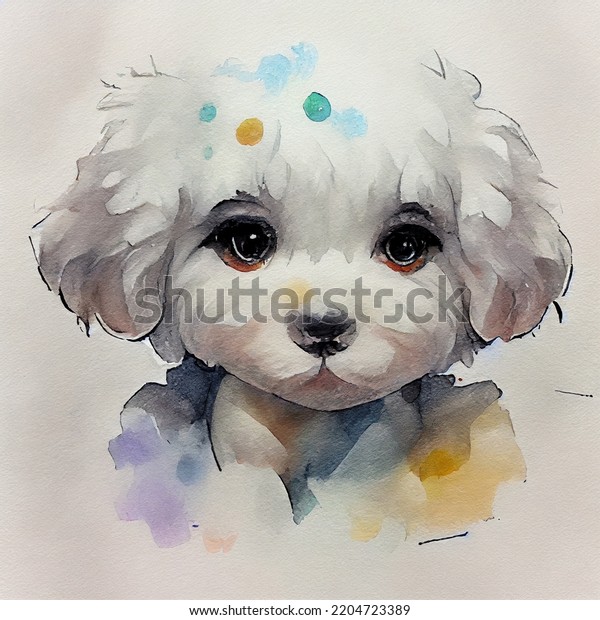 Bichon Frize. Adorable puppy dog. Watercolor illustration with color spots. All dog breeds