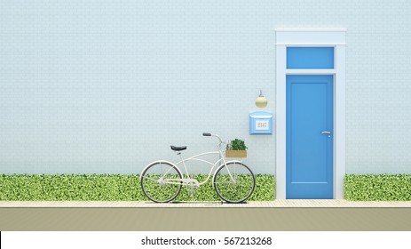 Bicycle and blue door on white brick background-3D Rendering