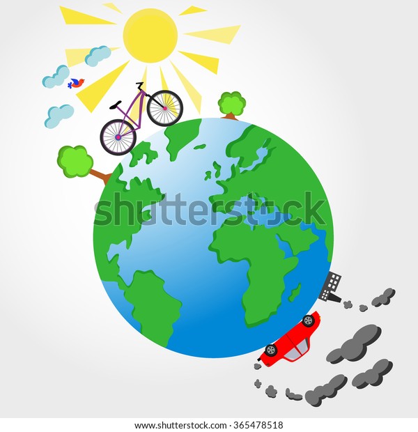 Bicycle and car on planet Earth color\
illustration. Ecological concept of air\
pollution.