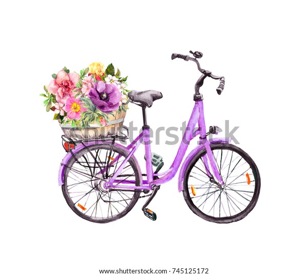 Fahrrad mit Blumen im Korb. Aquarell Stockillustration ...