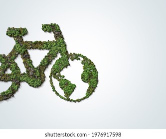 Bicycle Green forest. 3D Green bicycle- World Bicycle day or World environment day concept isolated on white background.