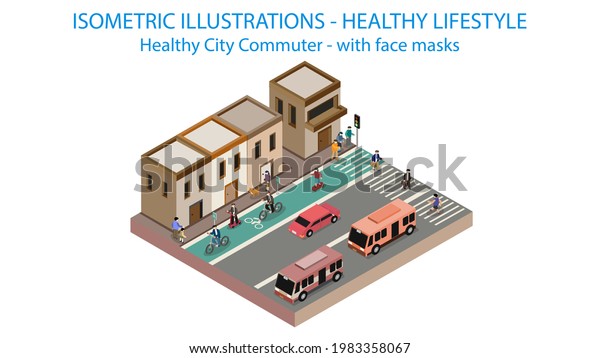 Bicycle lane on street\
isometric. Healthy way to commute isometric. Post covid with\
protective mask.