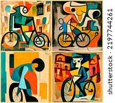 Bicycle on the city streets in the style of Pablo Picasso, a set of four images, abstract painting. 3d rendering.