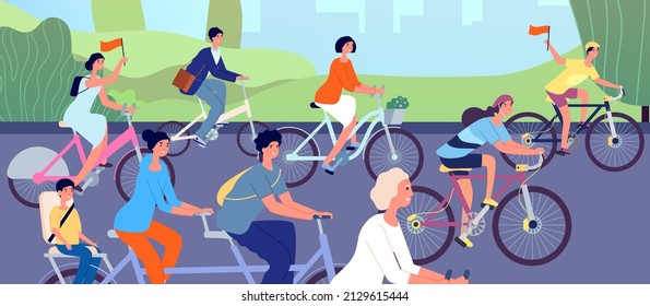 Bicycle parade. Cyclists on nature, cycling event in city park. Diverse people ride cycle, active girls elderly men on bikes utter poster