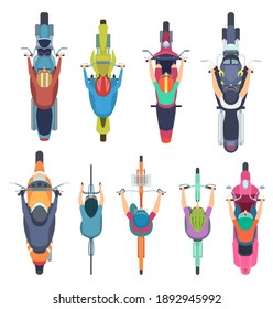 Bicycle Top View. People Driving Bike In Helmet Riders Moped And Cycle Road Traffic Illustrations