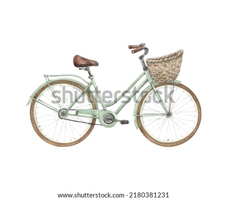 Bicycle with wicker basket, watercolor isolated retro illustration, lifestyle healthy symbol, emblem ecology transport.