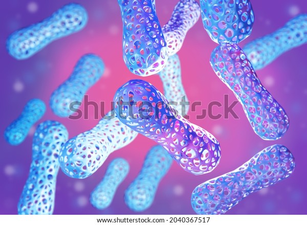 Bifidobacterium imaging. Microbiome bacteria. They\
symbolize concern for human immunity. Gram-positive anaerobic\
bacteria. Concept of action of probiotics in body. Microbiome in\
intestine. 3d\
image