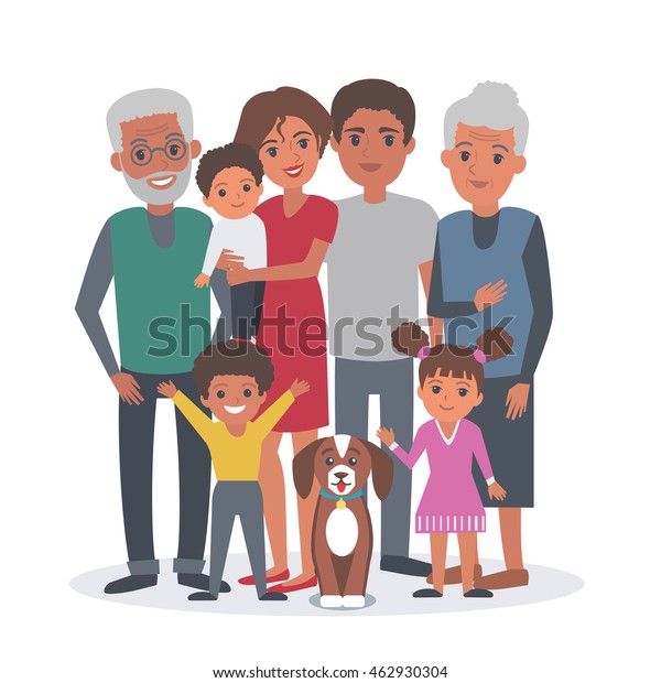 アフリカ系アメリカ人の大きな家族のイラスト 子ども 両親 祖父母 犬を持つ大家族 白い背景にアフリカ系アメリカ人の家族のポートレート のイラスト素材