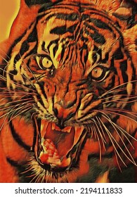 Big Aggressive Tiger, Close-up. Artistic Work On The Theme Of Wild Animals