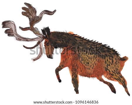 Big antlered deer illustration, watercolor painting isolated on white background. Primitive art.