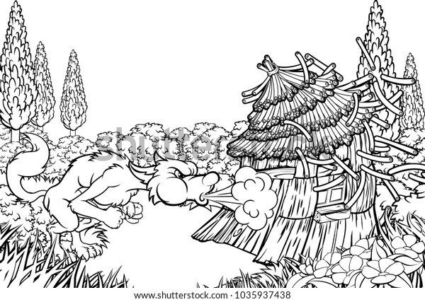 藁の家を吹き倒す三匹の小豚の大きな悪いオオカミのキャラクター のイラスト素材