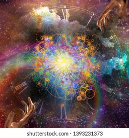 Big Bang. Creation Of Time And Matter. Star Filled Space With Gesturing Hands. 3D Rendering