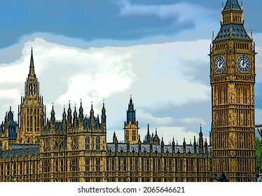 Big Ben and british flag , London England UK sign illustration pop-art background icon with color spots