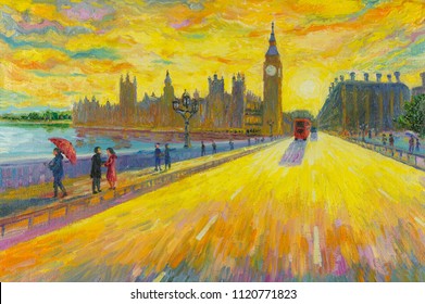 Big Ben Clock- Street View In London Red Bus Traditional Old At England. Oil Painting Landscape Beautiful Of People Tourism In Sunny And Skyline Background. Modern Business City. Landmark Of The World