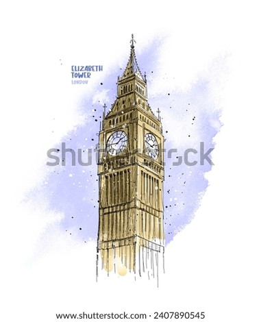 Big Ben - the Clock Tower of the Houses of Parliament, London - water color illustration. Imagine de stoc © 