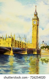 Big Ben Clock Tower And Thames River In London At England. Watercolor Painting Illustration Landscape Beautiful Season. Landmark Of The World, Business City 