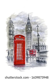 Big Ben In London. Watercolor Illustration Isolated On White.