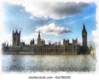 Big Ben. London Watercolor Illustration.