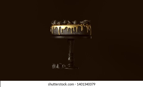 Big Black And Gold Luxury Cake With Strawberries And Round Biscuits 3d Illustration 3d Render