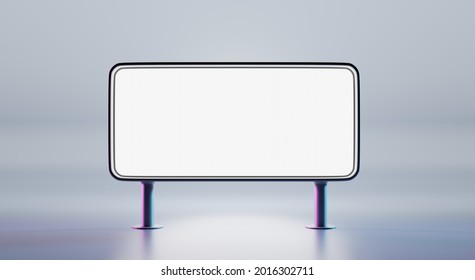 Big Blank Billboard Display, Front View. Mockup White LCD Screen, Digital Monitor Or Stand For Outdoor Ad. Horizontal Rectangular Banner In Neon Light Isolated On Grey Background, 3d Illustration