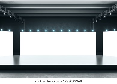 Big blank glowing white screen in dark exhibition hall room with black glossy podium and concrete floor. Mockup, 3D rendering