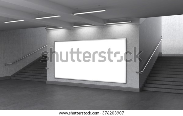 A big blank horizontal\
billboard in the underground, stairs up on both sides. Grey walls.\
Side view. Concept of underground advertising. 3D\
rendering