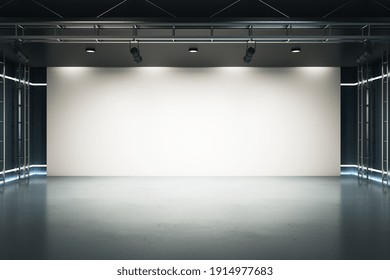 Big Blank Light Screen Instead Of Wall With Projectors In Empty Industrial Style Hall Room With Glossy Floor. Mockup. 3D Rendering.