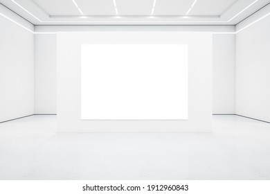 Big blank white poster in the center of white wall in empty light exhibition hall with led lights on the top. Mockup. 3D rendering
