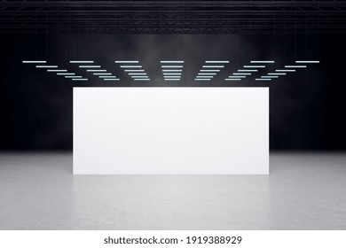 Big Blank White Poster In The Center Of Empty Hall Room With Led Lights On Top. Mockup. 3D Rendering