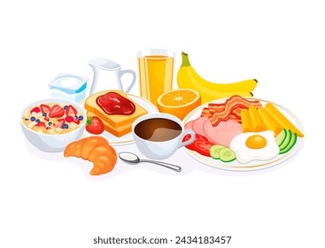 Big breakfast with many food and drinks illustration. Healthy full breakfast icon set on a white background. Breakfast with coffee, orange juice, croissant, egg, fruit, cereal and more - Powered by Shutterstock