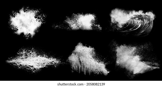 Big breaking ocean waves isolated on black background. Water splashes. Black and white illustration