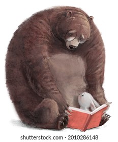 big brown bear with little hare and book