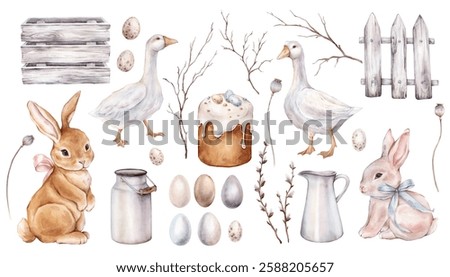 Big bundle of Easter design with bunny, painted eggs, Easter cake, willow and without leaves branches, wooden box and boards, can, jug, gooses, poppy seed. Hand drawn watercolor set illustrations.