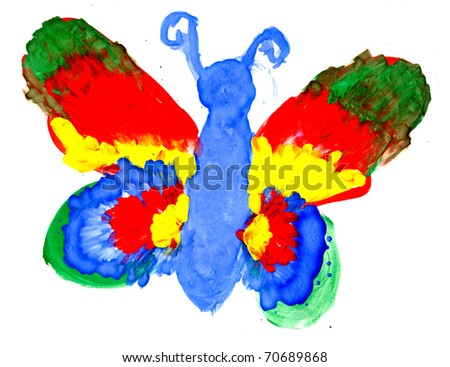 The big butterfly with colourful wings drawing by the child on a paper