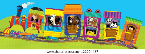 Big cartoon train with animals - illustation for
the children