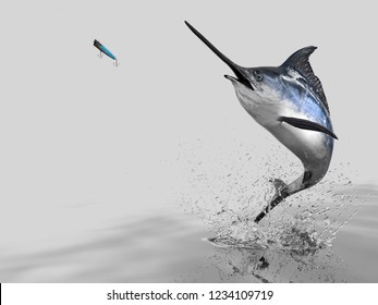 Big catch of  Blue Marlin Sword fish  in white background with splashes hooked by popper bait 3d render