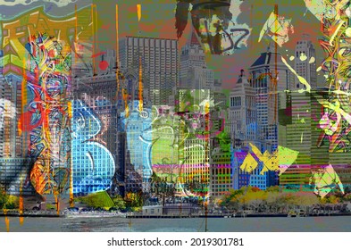 Big city background graffiti abstraction. City landscape. lllustration with skyscrapers, architecture, megapolis buildings. Design for wallpaper, wall murals, cards, posters, cover, etc.