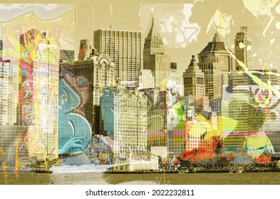 Big city background. Modern megapolis. Yellow colours. City landscape. Illustration with skyscrapers, architecture, megapolis buildings. Design for wallpaper, wall mural, card, postcard, photo wallpap