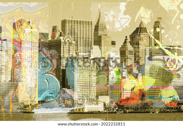 Big city background. Modern megapolis. Yellow colours. City landscape. Illustration with skyscrapers, architecture, megapolis buildings. Design for wallpaper, wall mural, card, postcard, photo wallpap